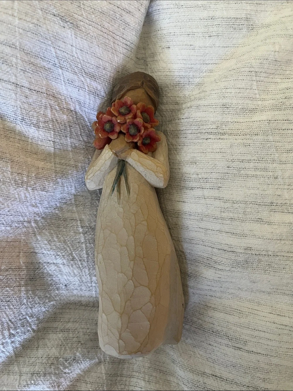 Willow Tree Trio of White Resin Figurines with Coral Bouquet and Gold Accent